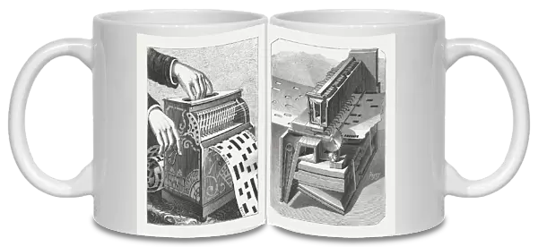 American barrel organ with inside mechanism, wood engravings, published 1888