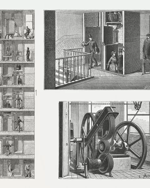 Paternoster lift, usage and drive wheels, wood engravings, published 1888