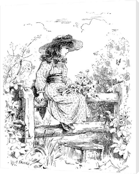 Antique childrens book comic illustration: girl on fence