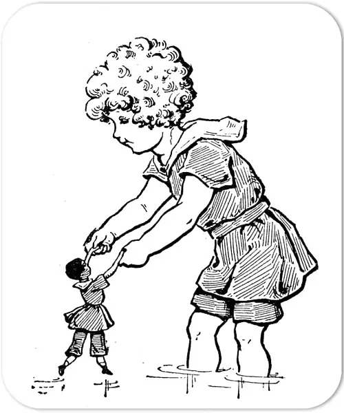 Antique childrens book comic illustration: child playing with doll