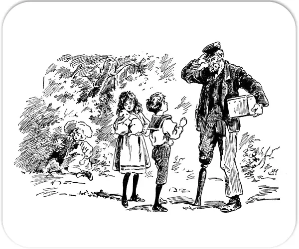 Antique childrens book comic illustration: children with man