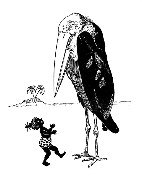 Antique childrens book comic illustration: little girl with giant bird