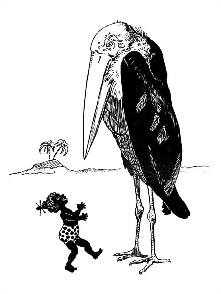 Antique childrens book comic illustration: little girl with giant bird
