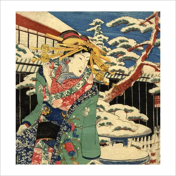 Traditional Japanese Woodblock female in the snow