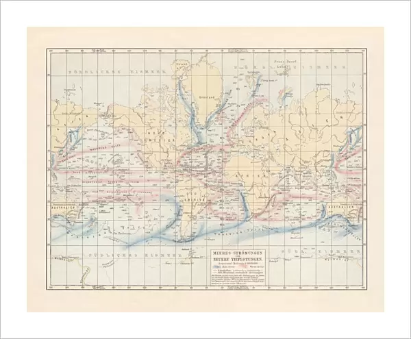 Ocean currents and sea depths, lithograph, published in 1897