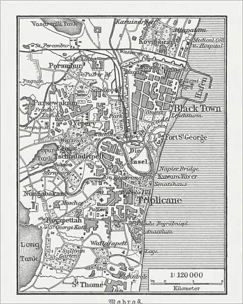 Historical city map Chennai (Madras), India, wood engraving, published 1897