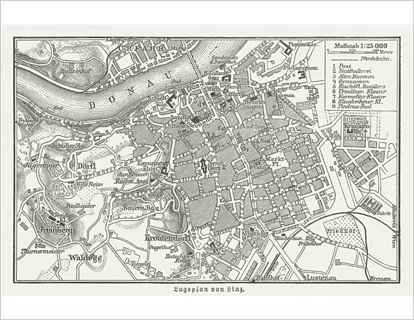 City map of Linz, Upper Austria, wood engraving, published in 1897