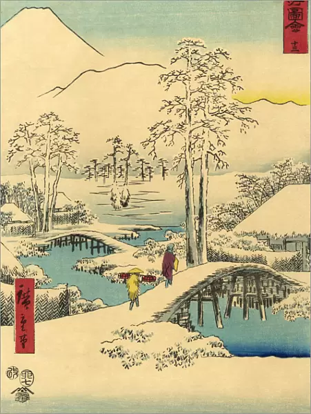 Traditional Japanese Woodblock snow scene