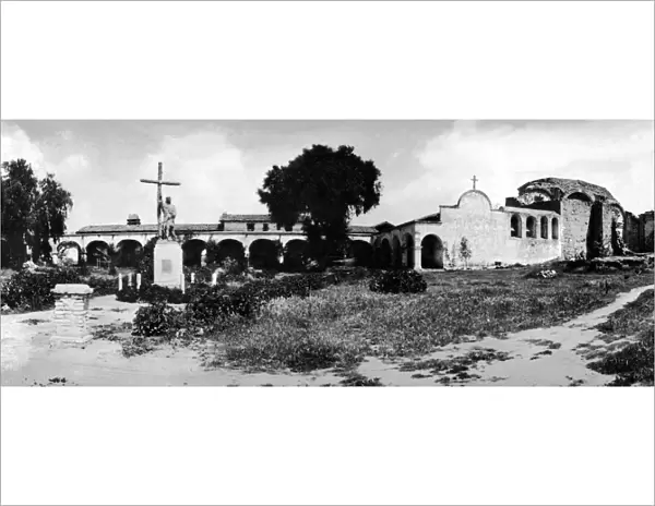 architecture, archival, b, black & white, california, church, cross, exterior, mission