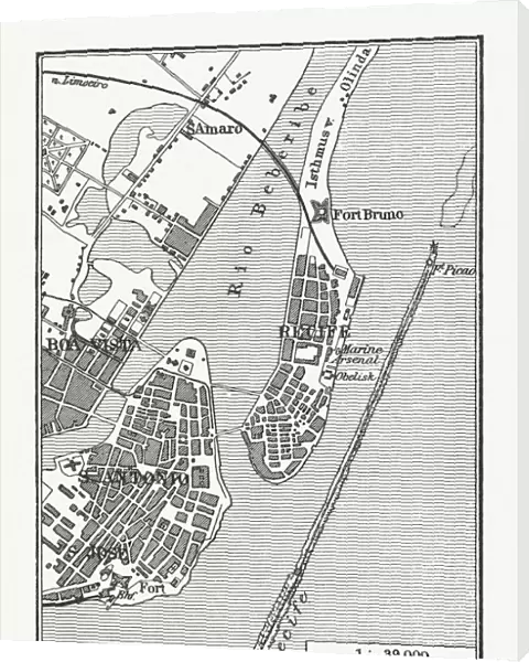 Historical city map of Recife, Pernambuco, Brazil, wood engraving, published 1897