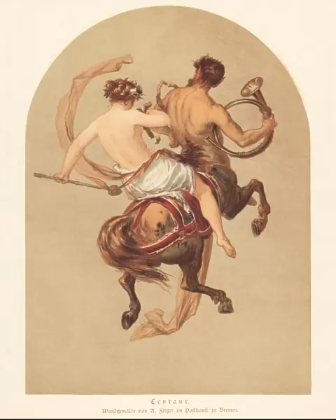 Nymph rides on a centaur, Greek mythology, lithograph, published 1885