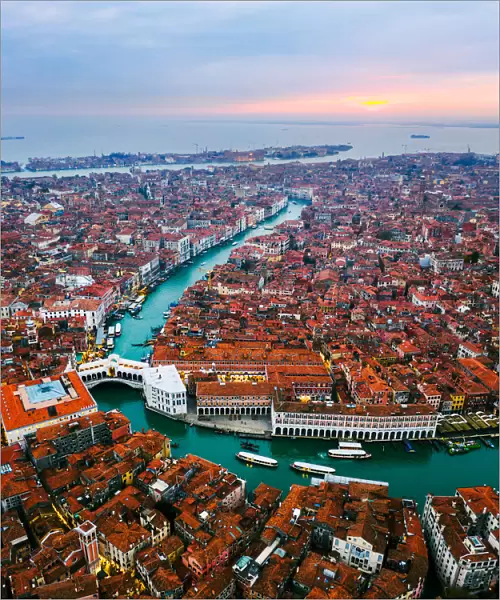 Aerial view of Rialto and city, Venice, Italy