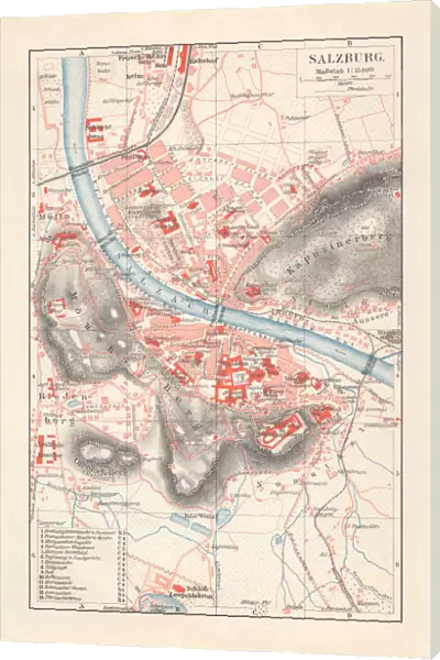 City map of Salzburg, Austria, lithograph, published in 1897