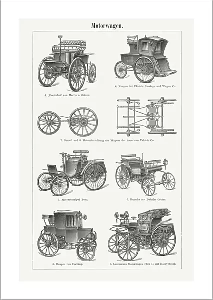 Historic automobiles, wood engravings, published in 1898