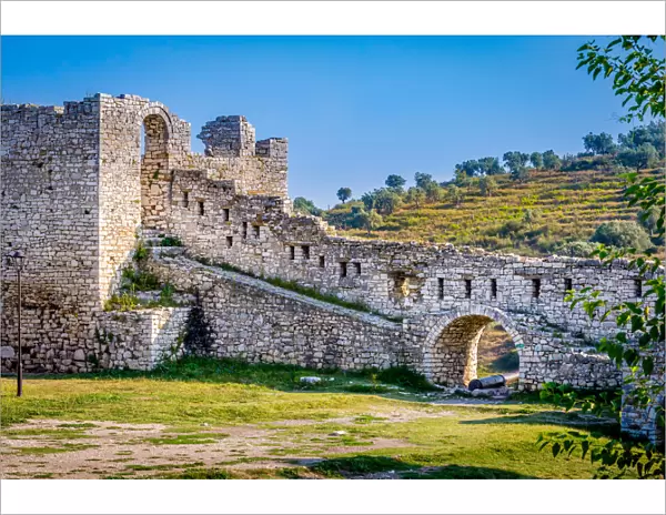 View of a the defensive stone wall in the fortified city of Berat, Albania, Unesco World Heritage Site