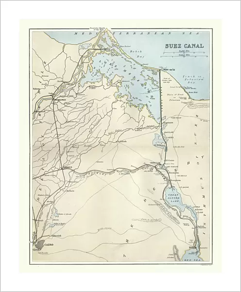 Antique map of Suez Canal, Egypt, 1880s, 19th Century