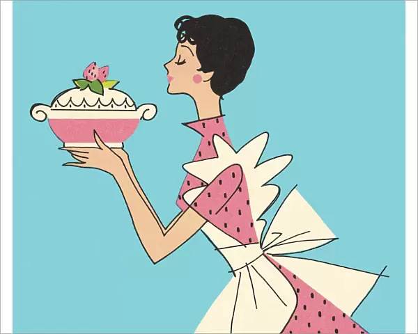 Woman Carrying a Dish with a Strawberry Dessert