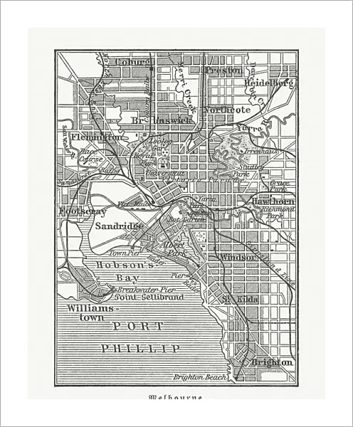 City map of Melbourne, Australia, wood engraving, published in 1897