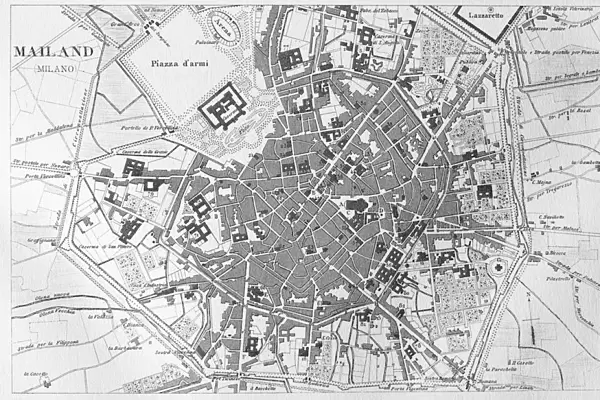 Engraving city map of Milano Italy from 1851