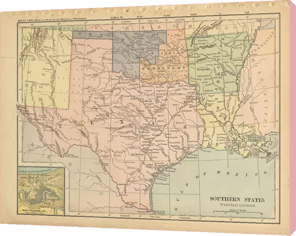Southern United States Antique Victorian Engraved Colored Map, 1899