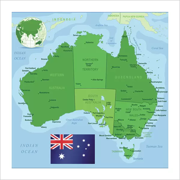 Map of Australia with states, cities and flag