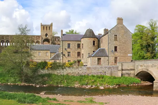 Panorama of Jedburgh with Jed water river, bridge and abbey ruins, Scotland