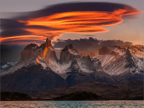 Lenticular clouds at dawn in Torres del Paine, Chile