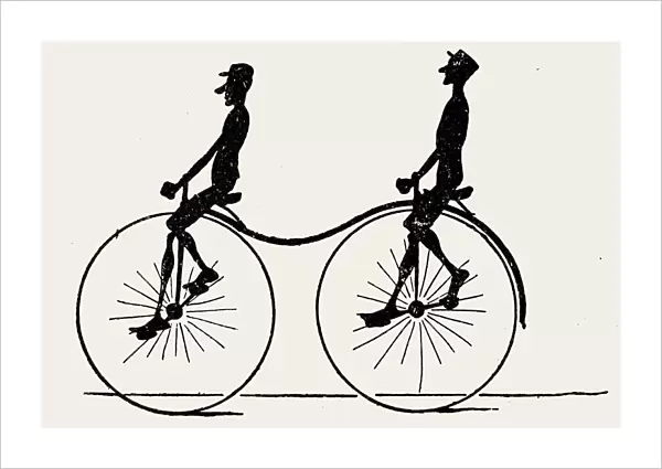 Tandem penny farthing bicycle, side view on white background