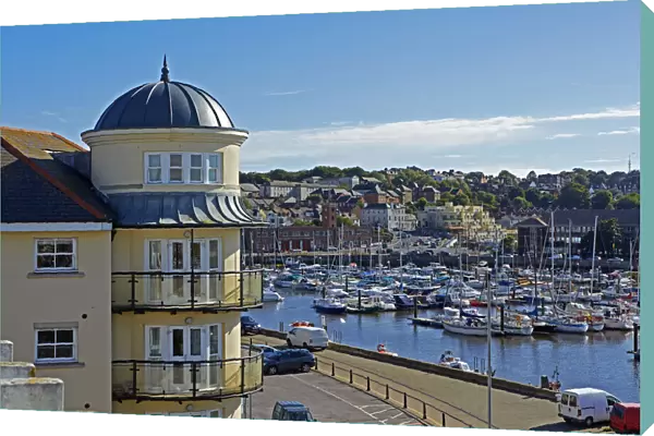 View over Weymouth harbour with blue skies
