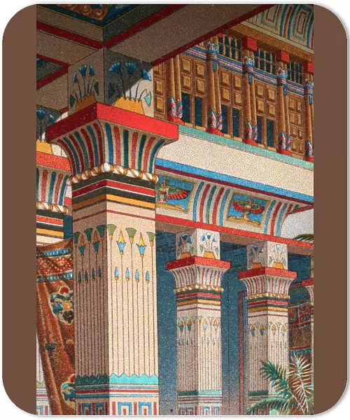 Detail of Ancient Egyptian architecture, columns and capitals, painted frescoes