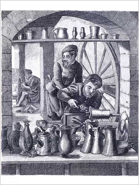 Craftsperson working at turning lathe with tin products 16th century