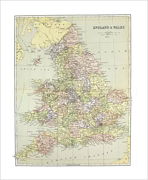 Old map of England and Wales - Published 1894. Antique Illustration, Popular Encyclopedia Published 1894. Copyright has expired on this artwork