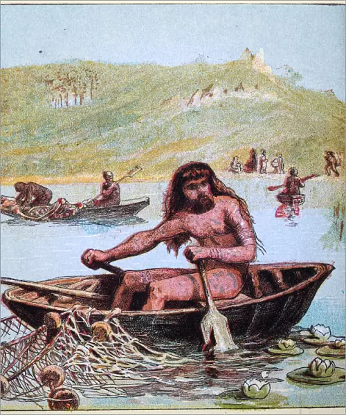 Ancient Briton fisherman fishing from a coracle boat, tattoo, net, Ancient British History