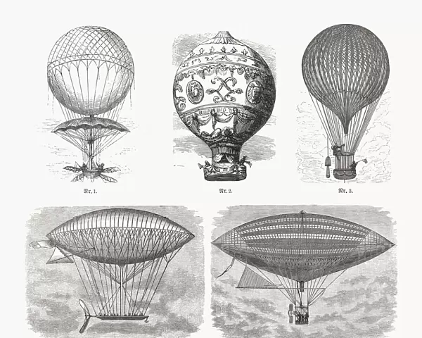 Historical balloons and airships, wood engravings, published in 1893