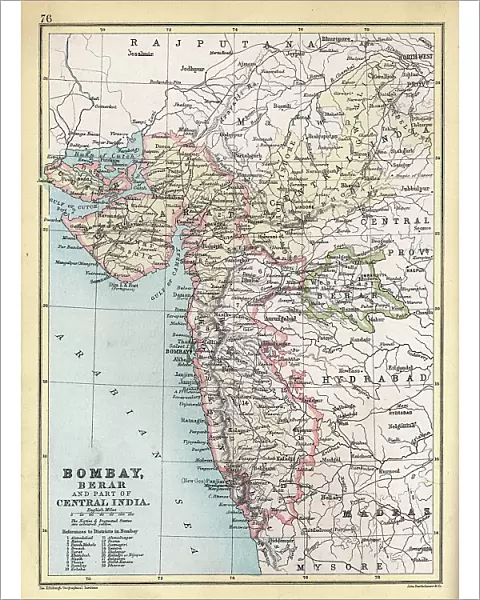 Old Antique map of Bombay, Berar and part of central India, 1890s, 19th Century