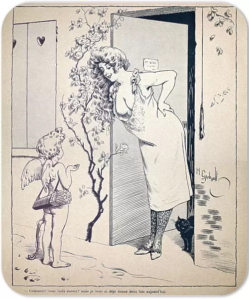Vintage French cartoon, beautiful young opening her door to cupid, love, 19th Century