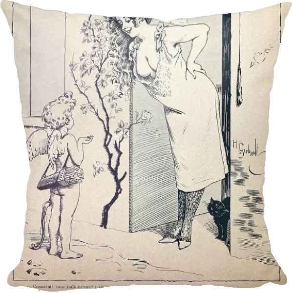 Vintage French cartoon, beautiful young opening her door to cupid, love, 19th Century