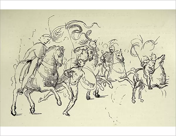 After the sketch by Leonardo da Vinci, Man on horseback, solider, warriors, Early renaissance art