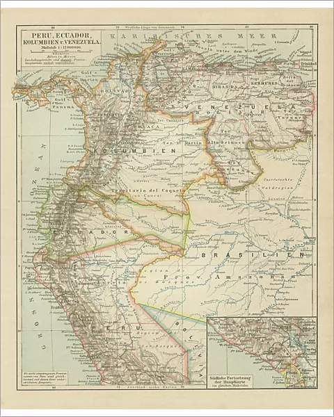 Old chromolithograph map of Peru, Ecuador, Colombia and Venezuela