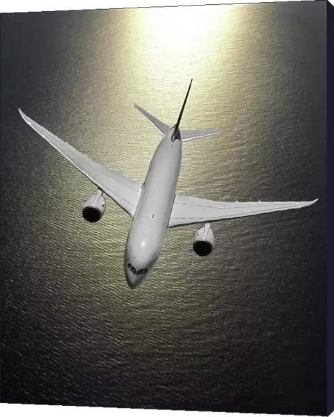Look-down view of a Boeing 787-8 Dreamliner over the ocean