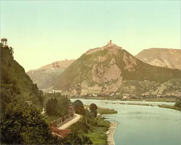 Drachenburg and Rolandseck on the Rhine, Rhineland-Palatinate, Germany, Historic, digitally restored reproduction of a photochromic print from the 1890s