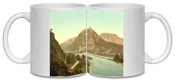 Drachenburg and Rolandseck on the Rhine, Rhineland-Palatinate, Germany, Historic, digitally restored reproduction of a photochromic print from the 1890s