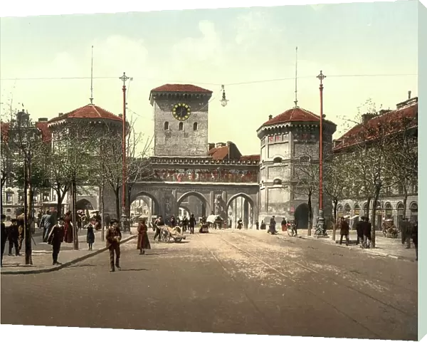 The Isartor in Munich, Bavaria, Germany, Historic, digitally restored reproduction of a photochromic print from the 1890s