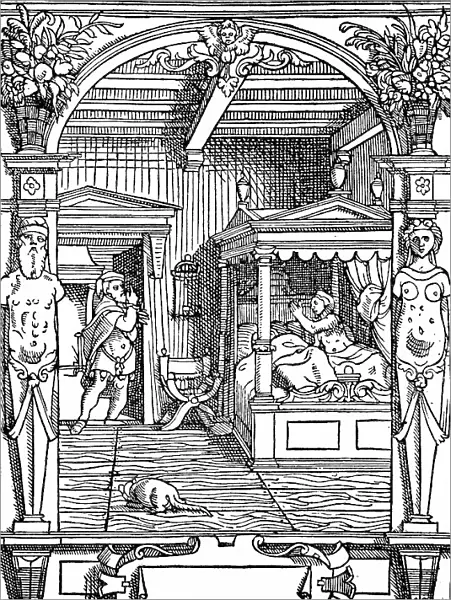 Illustration of adultery from a 16th century French law book, woman in bed waiting for lover, France, Historical, digitally restored reproduction of an original 19th century original, exact original date unknown