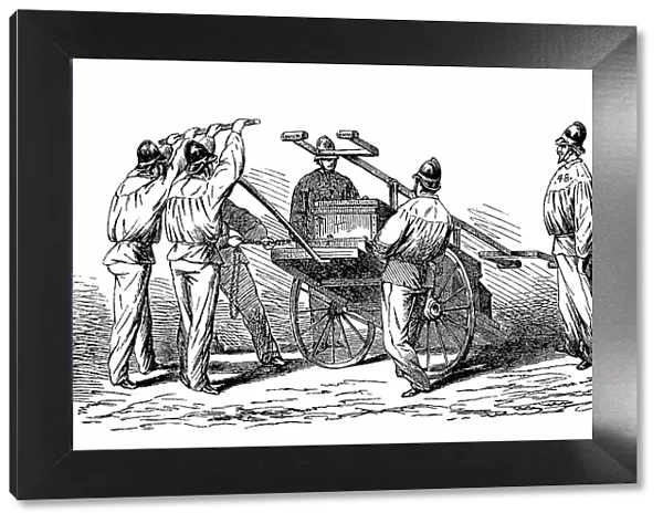 Firemen around 1870, Unloading a Water Sprayer, Germany, Historic, digitally restored reproduction of an original 19th century painting, exact original date not known