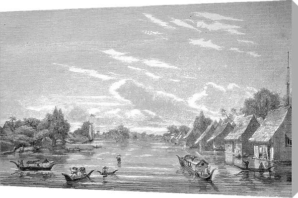 The floating town of Banjer-Masing, Banjarmasin on Borneo, c. 1885, Indonesia, Indonesia, Historic, digitally restored reproduction of an original 19th century painting, exact original date unknown