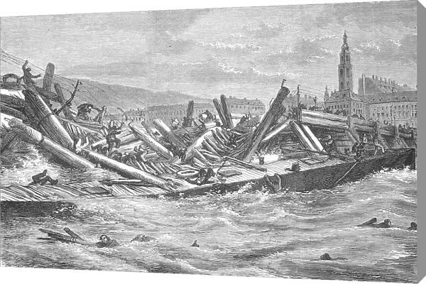 The collapse of the bridge of Linz, Austria, 1868, Historical, digitally restored reproduction of an original 19th century original, exact original date unknown