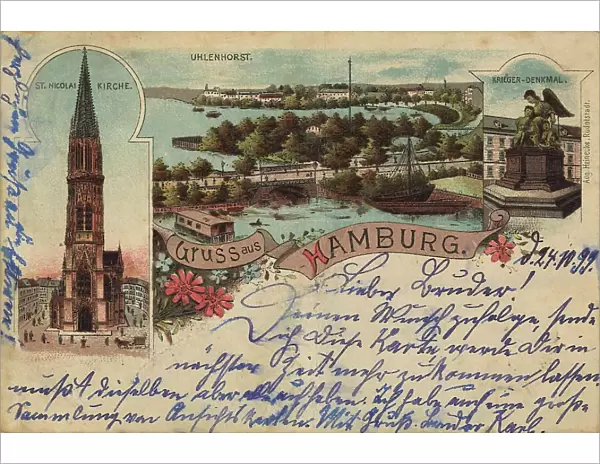 Nicolaikirche, Uhlenhorst, Hamburg, Germany, postcard with text, view around ca 1910, historical, digital reproduction of a historical postcard, public domain, from that time, exact date unknown