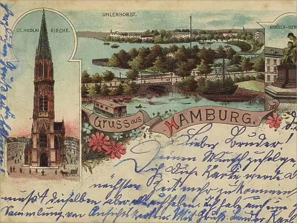 Nicolaikirche, Uhlenhorst, Hamburg, Germany, postcard with text, view around ca 1910, historical, digital reproduction of a historical postcard, public domain, from that time, exact date unknown