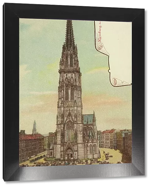 Nicolaikirche, Hamburg, Germany, postcard with text, view around ca 1910, historical, digital reproduction of a historical postcard, public domain, from that time, exact date unknown